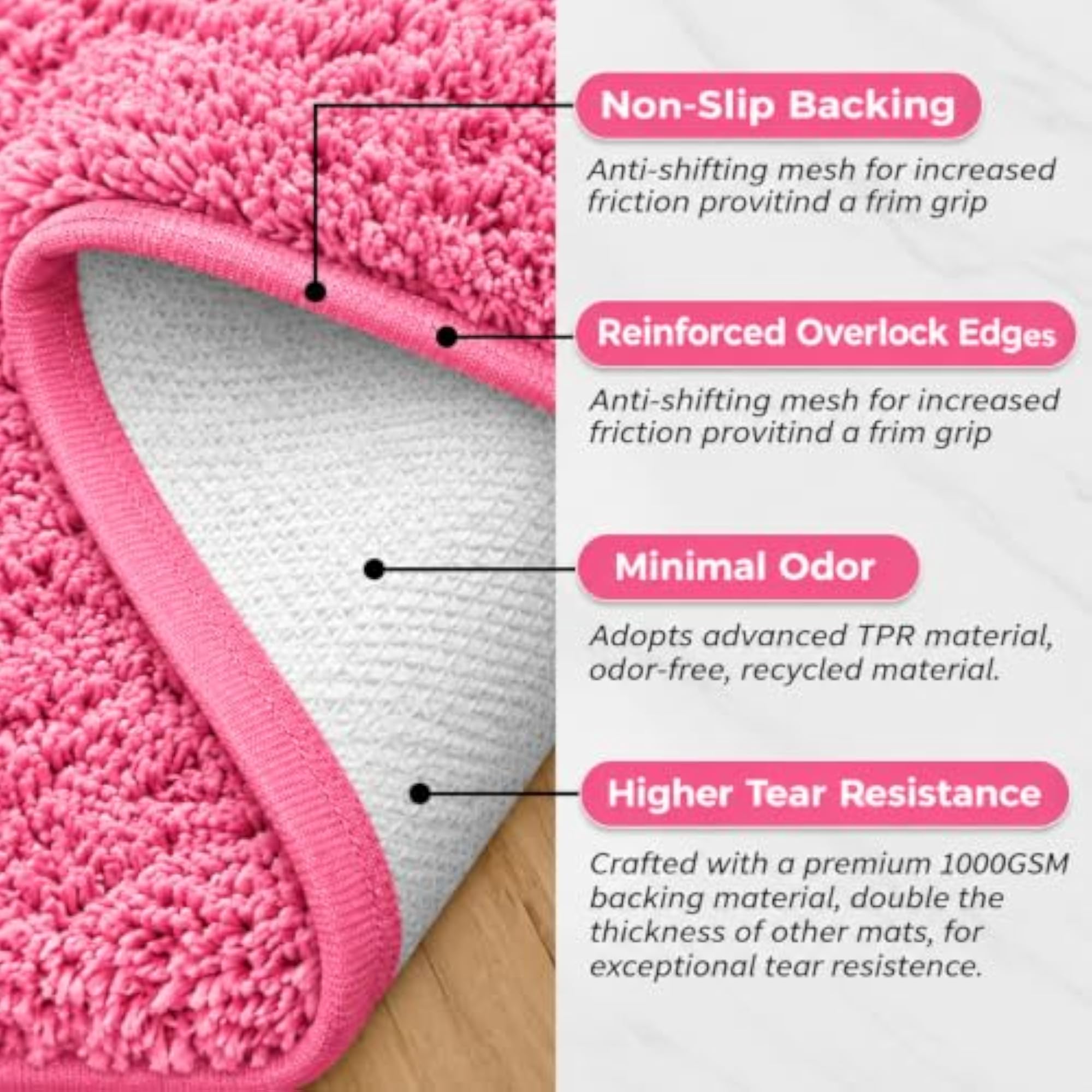 Pink Plush Shaggy Bathroom Rug, Soft High Pile