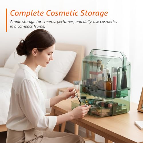 Image of Amazon Basics Glossy PET Cosmetic Storage Organizer | 26.5 x 17.5 x 35 cm | 3 Compartments | Waterproof & Dustproof Lid | Green