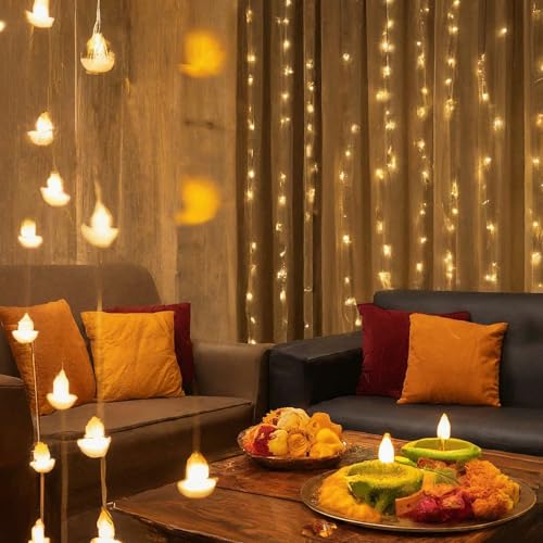 Image of XERGY Diya Shape Diwali String Lights, LED String Copper Lights with 14 Hanging Diyas (3.5m), Diya Diwali Fairy Lights Indoor Outdoor for Home Decoration (Warm White)