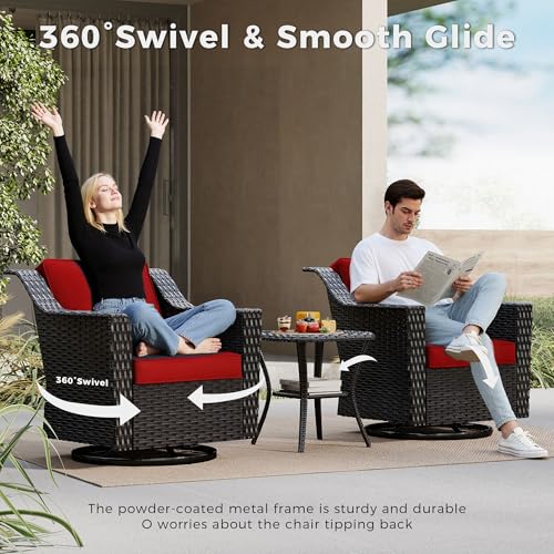 Image of Patio 2 Pieces Wicker Swivel Chairs Set of 2,Outdoor PE Rattan Rocking Glider Armchairs, Water-Resistant Cushions with Removable and Washable Covers, Porch, Balcony, Sunroom (RED) | Patio Chair Set with Olefin Removable Cushion, All-Weather Glider Chairs with Deep Seat for Porch, Deck and Backyard, Red