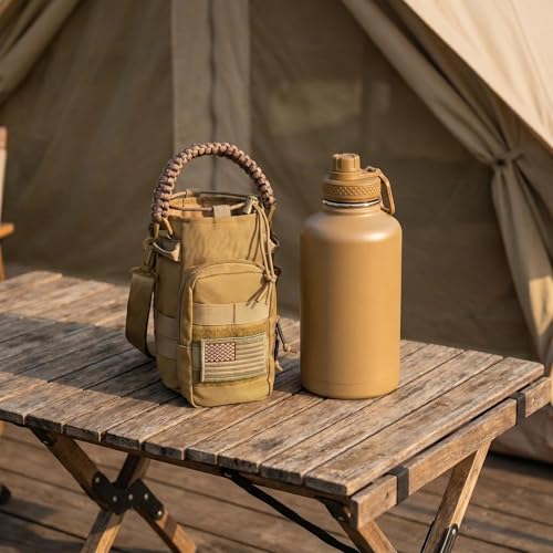 Image of DEFUNX Half Gallon Water Bottle with Sleeve - 64 Oz Insulated Water Jug with Handle - Green Stainless Steel Sports Water Bottle for Gym Workout Hiking Tactical Bottle Holder with Pouch Khaki