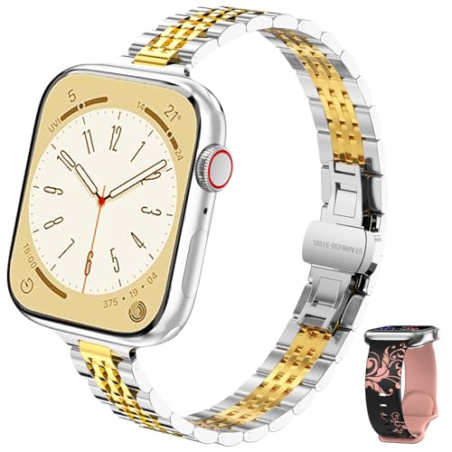 Women Metal Bands Compatible with Apple Watch Band 38mm 40mm 41mm,Stainless Steel Chain Adjustable Band and Silicone Strap for iWatch Bands Series 9 8 7 6 5 4 3 2 1 SE