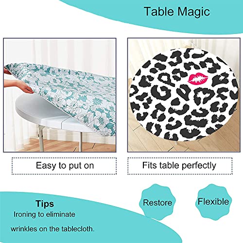 Leopard Round Fitted Tablecloth, Leopard Cheetah Animal Print Kiss Shape Lipstick Dotted Trend Art, Table Decoration Cloth, Buffet Party And Camping, Fit For 62" Table, Grey Pink #TOP4