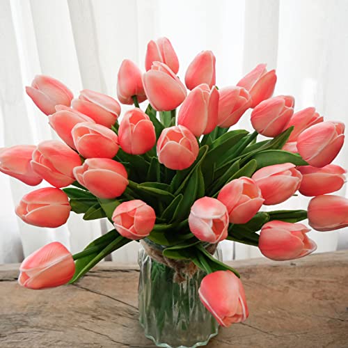 30Pcs Real Touch Tulips Pu Artificial Flowers, Fake Tulips Flowers For Arrangement Wedding Party Easter Spring Home Dining Room Office Decoration (Peach) #TOP8