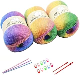 YAMEE 3X 100g Rainbow Wool Yarn Balls Chunky Knit Double Pom Pom Coloured Chunky Wool with 3 Crochet Hooks, 2 Needles, 10 Crochet Locking Stitch Markers for Beginners (202)