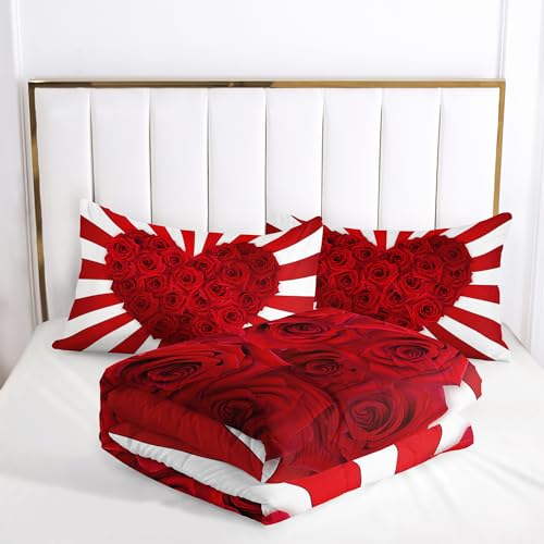 Image of AILONEN Red Rose Comforter Set Queen Size, 3D Rose Hearts Printed Bedding Set, 3 Pieces Modern Valentine Comforter Set