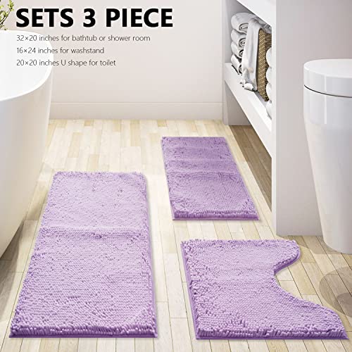 Image of Bathroom Rugs Chenille 3-Piece Extra Soft and Absorbent Shag Bathroom Rugs, Machine Wash Mat, Strong PVC Non-Slip Underside, Plush Carpet Mats, Lavender