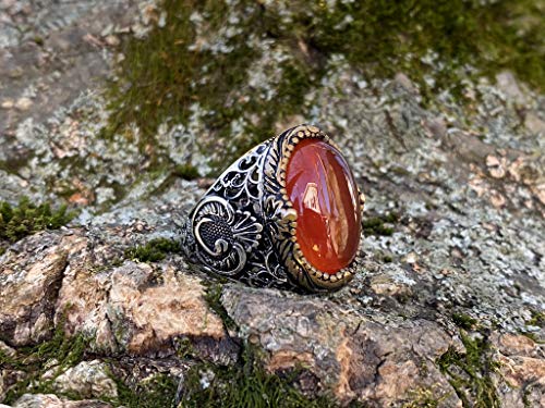 KAR 925K Stamped Sterling Silver Men Red Agate (Aqeeq) Ring I1Q4