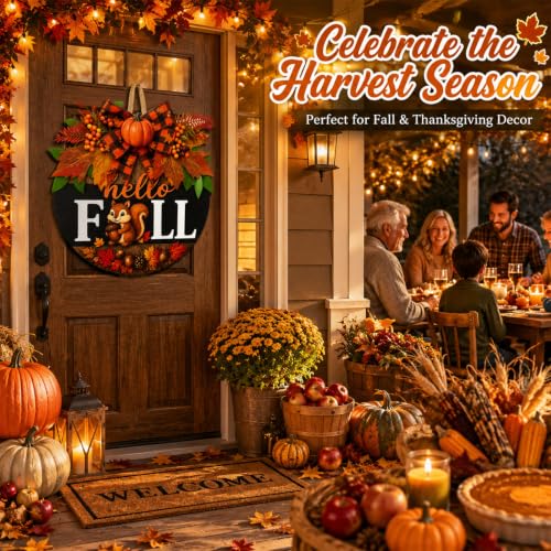 Image of Fall Wreaths for Front Door Hello Fall Squirrel Door Hanger Thanksgiving Decor (Cute Hello Fall)