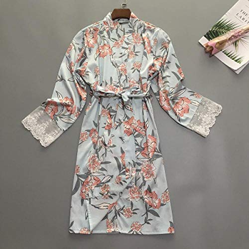 XTQDM Pijama,Bata de Mujer Seda Satén Estampado Floral Corto Kimono Boda Novia Dama de Honor Bata Sexy Encaje Ropa de Dormir Albornoz XL Verde Claro