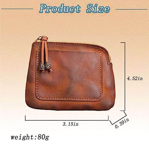 Brown Vintage Leather Coin Purse, Unisex-Adult, Oval, Zipper Closure, External Card Slot, 4.52 x 3.15 x 0.39 inches2