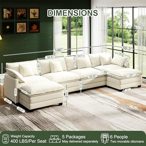 Image of 146 inch Cloud Couch Sectional Modular Sofa, Deep Seat Couches with Ottoman and Removable Washable Pillows for Living Room, Bedroom, Apartment, Beige