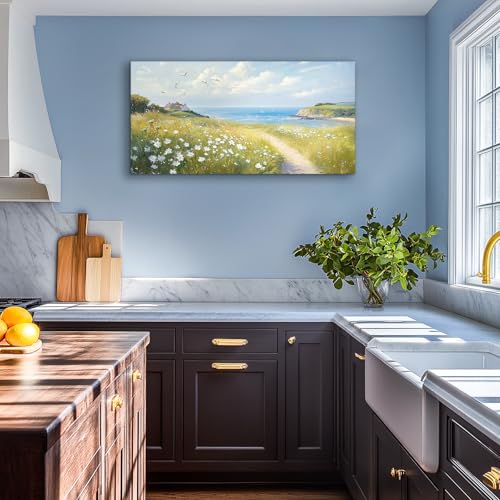 SERIMINO Coastal Landscape Large Wall Art, Country Scenic Canvas Art Wall Decor, Meadow Wildflowers Nature Art Prints, Rustic House Decorations Living Room Bedroom Above Bed Wall Pictures 20"X40"