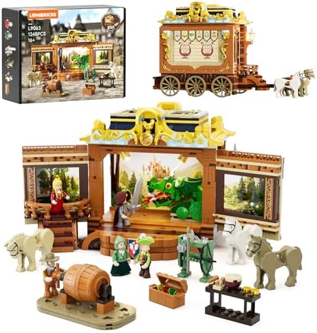 LUMIBRICKS Medieval Troupe Carriage Lighting Building Bricks Set - Middle Ages City Town Playset Multi-Form Modular Collection Display Kit with Minifigures 1248 Pcs for Adults & Teens