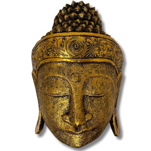 Trintura Décoration murale Masque de Bouddha Statue Tête Statue Or Noir Bois Accessoire de Maison 30 cm