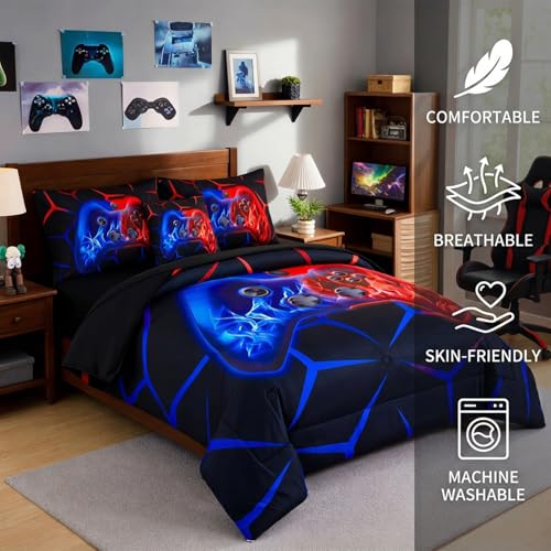 Image of ZRNBAST 6-Piece Gamer Comforter Set Queen Size Red and Blue Gaming Bedding Sets for Boys with Sheets Soft Fluffy Game Console Design Bed in a Bag (Red Blue, Queen)