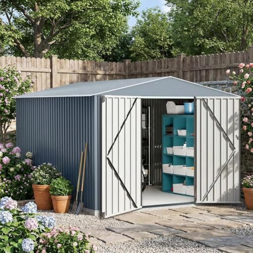 Outdoor Metal Storage Shed, 10x12 Ft Galvanized Steel Garden Sheds with Lockable Doors, Extra Large Utility Tool Shed for Patio Lawn Backyard Outside