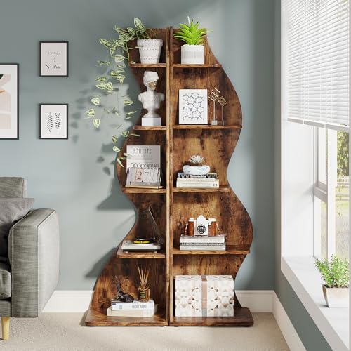 Image of Tribesigns Corner Shelf, Rustic 5-Tier Wall Corner Bookshelf, Stylish Corner Small Bookcase Storage Rack Plant Stand with Unique Shape for Living Room, Home Office (2PCS, Brown)