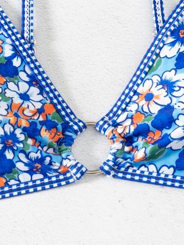 Image of Fanuerg Women's Triangle Bikini Sets O Ring Linked Two Piece Swimsuits Floral Printed Cheeky Bathing Suit