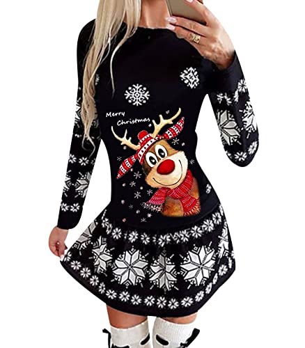 OADOBKICE Robe À Manches Longues Femmes Robe À Col Ras du Cou Femmes Robe Imprimée Noël Robe Pas Cher Robe Décontractée À L'Extérieur Robe Femme Robe Grande Taille Robe Femme Ours Noël Noir M Cover