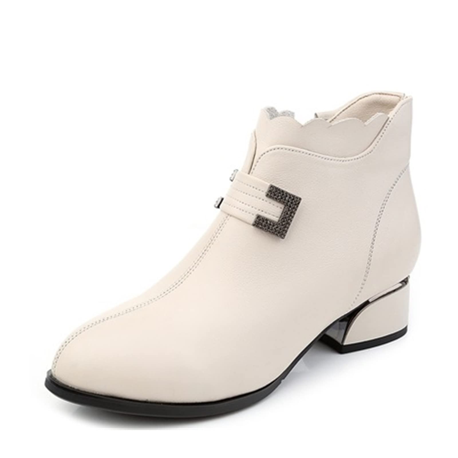 WangSiwe Ladies Boots Women's leather ankle boots thick heel zipper shoes  Women's winter warm (Color Beige, Size 11)