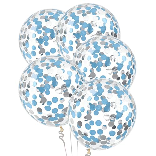 Image of VHUWE Light Blue Silver Confetti Balloons 25 Pcs, 12 Inch Thickened Clear Latex Balloon with Confetti Inside for Birthday Party Baby Shower Graduation Anniversary Engagement Decorations Supplies