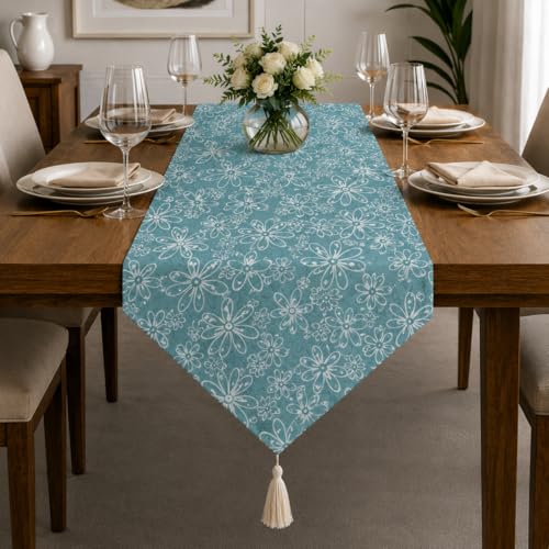 Image of STITCHNEST 'Nomad Weave Collection' Jacquard Table Runner 13x60 Inches| Tassel Finish | Modern Dining Table Decor