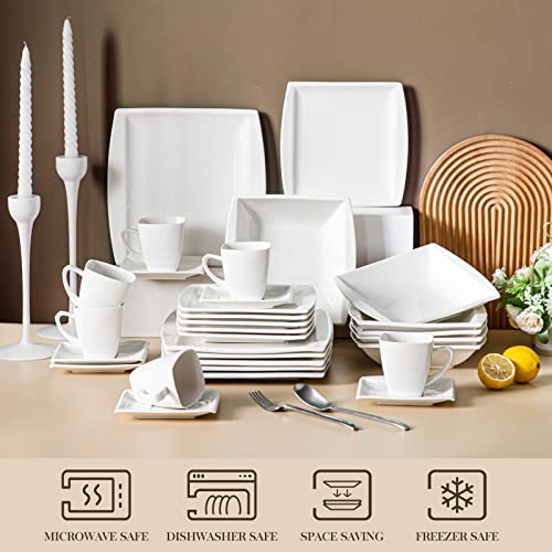Malacasa Square Dinnerware Set, 60-Piece Ivory White Plates And Bowls Set, Porcelain Dinner Set With Dishes, Plates, Bowls, Cups And Saucers, Dinnerware Sets For 12, Series Blance #TOP3