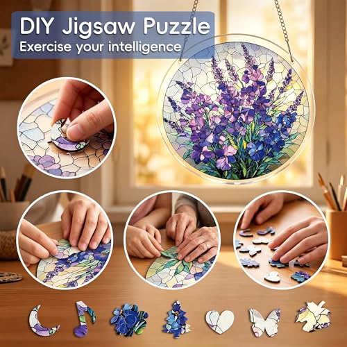 Acrylic Jigsaw Puzzle Suncatcher, 83 PCS DIY Stained Glass Window Hanging, Acrylic Puzzle Suncatcher Decor, Gift for Women Mom (Violet Garden Grace, 7.5 Inch) — view 3