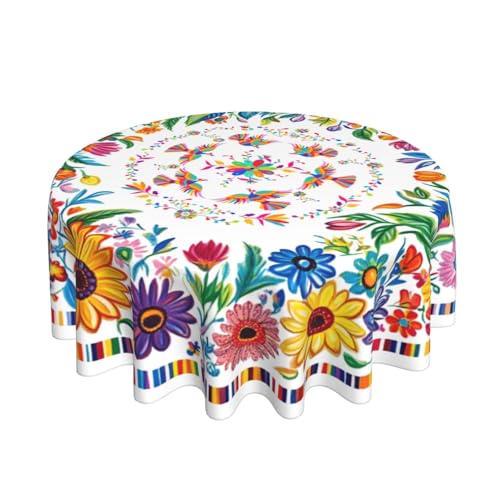 mutakin Mexican Floral Birds Tablecloth Mexico Round Table Cover Washable Table Cloth for Home Kitchen Party Picnic 60 Inch