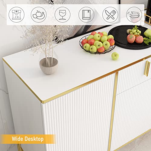 Ecacad Modern Sideboard Buffet Storage Cabinet With Ripple Doors, Drawer & 6 Storage Compartments, Kitchen Cupboard Console Cabinet With Metal Legs For Living Room, Entryway, White & Gold #TOP3
