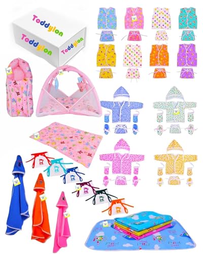 Image of Toddylon New Born Baby Essentials Kit 56 Combo Set (0-6 Months) | Newborn Baby Hospital Bag Kit | Infant Combo Set for New Born | Newborns Baby Dress & Clothing Set | Infants Essentials Kit (Pink)