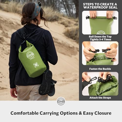 Image of STOVER 5 /10 /25 /30 /40L Waterproof Dry Bag, Small Lightweight Roll Top Dry Bag Backpack w /Waterproof Phone Case, Kayaking, Travel, Hiking, Fishing, Tubing, Camping, the Beach, Men /Women (Green)