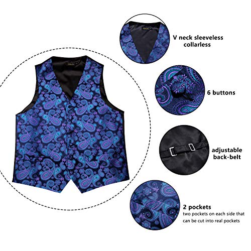 Image of DiBanGu Mens Paisley Vest Silk Sleeveless Suit Vest and Neck Tie Pocket Square Cufflinks Set for Wedding Formal