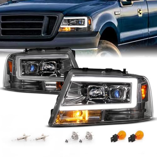 Image of AmeriLite for 2004-2008 Ford F150 C-Type LED Tube Square Projector Gun-Metal Replacement Headlights Assembly Pair - Driver and Passenger Side