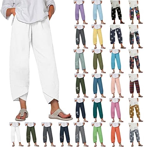 MALAIDOG Womens Summer Linen Capri Pants Casual Cotton Soft Regular Fit Elastic Waist Wide Leg Beach Lounge Cropped Trousers White