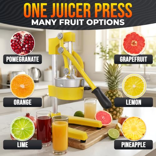 Image of Cast Iron Juicer Hand Press, Heavy-Duty Squeezer (Yellow) | Lever Manual Citrus Press Juicer & Orange Squeezer for Lemon, Lime & Lemonade; Steel Cone & Strainer; for Home or Bar