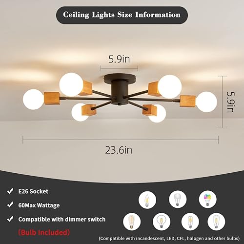 Miniatura 2 de Fivootvi Lámpara de techo de madera semiempotrada, 6 luces, lámpara Sputnik de madera rústica, iluminación de techo estilo granja, roble y negro con