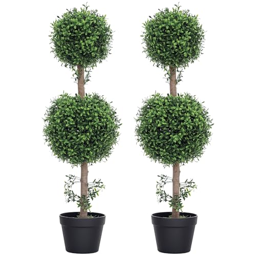 HOMCOM Artificial Plants Topiary Ball-Shaped Boxwood Trees in Pot Set...