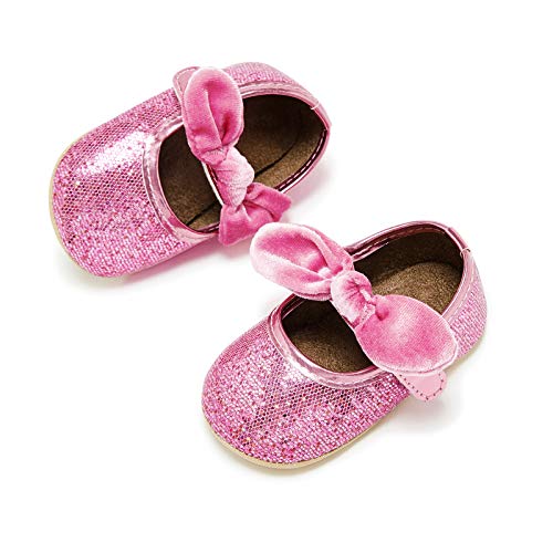 SOFMUO Baby Girls Sparkly Mary Jane Shoes with Bowknot Infant Ballet Flats Non-Slip Rubber Sole Toddler Ballerina Princess Wedding Dress Shoes(Pink,6-12 Months