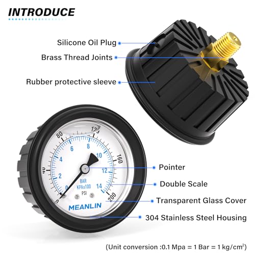 Image of MEANLIN MEASURE 0~200Psi Stainless Steel 1 /4 inch NPT 2.5 inch FACE DIAL,Liquid Filled Pressure Gauge, Center Back Mount (with Rubber Protective Sleeve), with 1 /2 inch NPT and 3 /8 inch NPT Hex Bushing