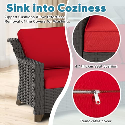Image of 4 Pieces Patio Conversation Furniture Set - 2 Chairs with Ottomans Set of 2, Outdoor Wicker Armchairs with Water-Resistant and Washable Cushions for Porch, Balcony, Sunroom (Red) | Patio Chair Set with Olefin Removable Cushion, All-Weather Outdoor Couch with Deep Seat for Porch, Deck and Backyard, Red