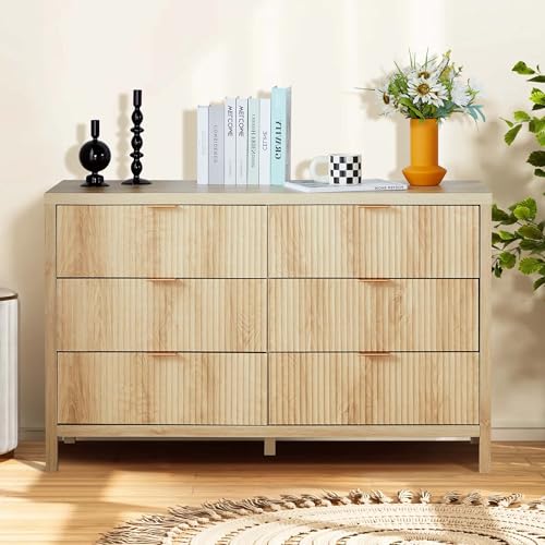 XUZENEST Fluted 6 Drawer Double Dresser for Bedroom, 47" Wide Modern Closet Dressers Chest of Drawers, Wood Storage Dresser Organizer for Nursery Bedroom Living Room Hallway Closet,Natural - Image 6