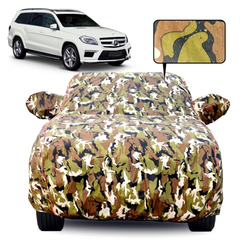 Image of Waterproof Car Body Cover for Mercedes GL-Class 350 with Mirror Pocket, Soft Cotton Lining, Triple Stitched, Full Bottom Elastic (Heat Resistant Jungle Print with Red Piping)