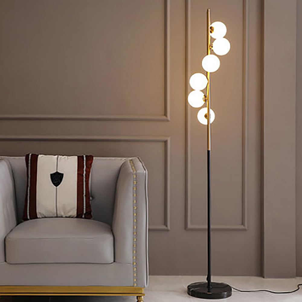 KlkrzJwy Mid Century 6-Light Floor Lamp 63" Globe Glass Floor Light Marble Tall Lamp with LED G4 Dimmable Frosted Glass Standing Light for Living Room Study Sofa Area Bedroom