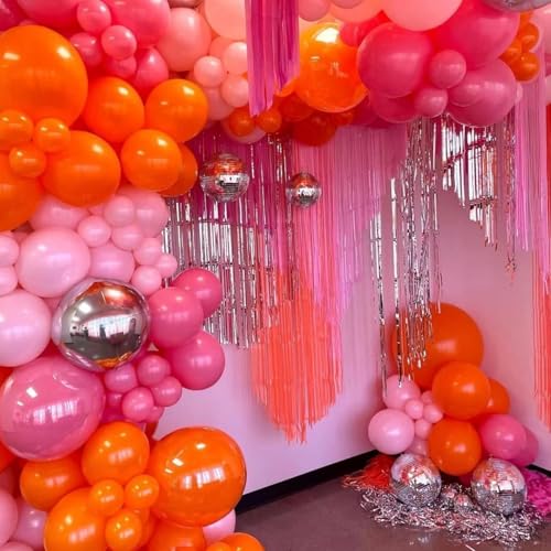 Image of Pink and Orange Balloon Arch Kit, 180Pcs Hot Pink Orange Metallic Silver Latex Balloon Garland kit, 18 12 10 5 Inch Different Size Balloons for Birthday Baby Shower Wedding Party Decorations