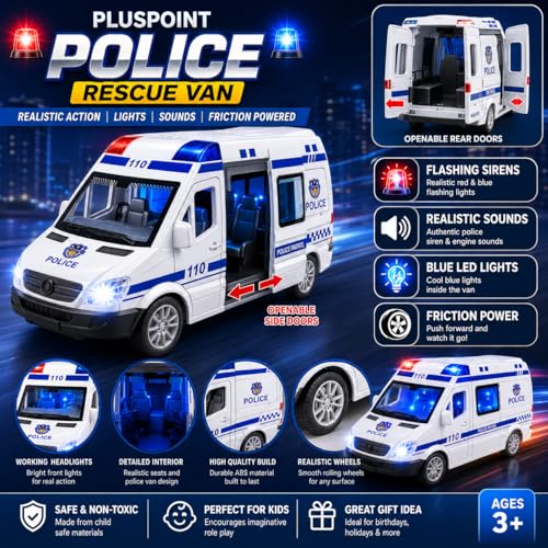 Image of PLUSPOINT Police Bus Friction Powered with Lights Sounds Push and Go Rescue Durable Friction Toy for Kids SWAT Bus Pretend Play Cop Toy for Boy Girl Toddlers