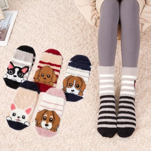Image of ICEIVY Socks Women, Soft Knit Wool Winter Thick Warm Cabin Fuzzy Crew Women Socks 5 Pack