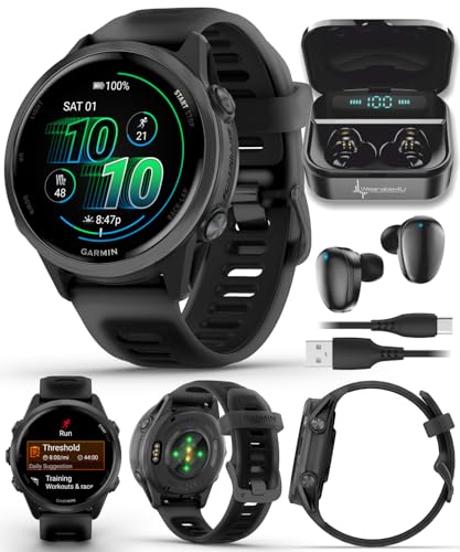 Image of Garmin Forerunner 570 42mm Advanced GPS Running & Triathlon Smartwatch, AMOLED Display, Slate Gray Aluminum, Translucent Black & Black Band w / Wearable4U BLK Earbuds Bundle