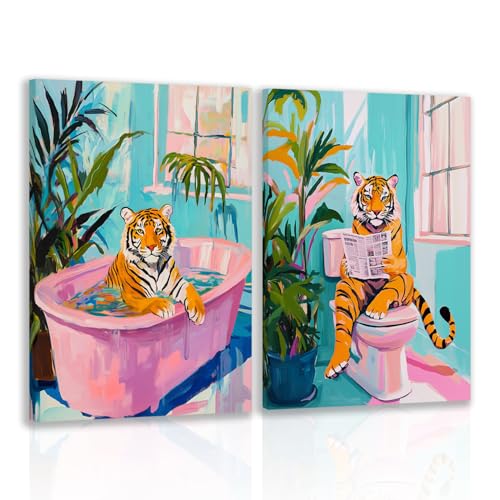 Funny Pink Tiger Wall Art, Cute Tiger Reading Newspaper On